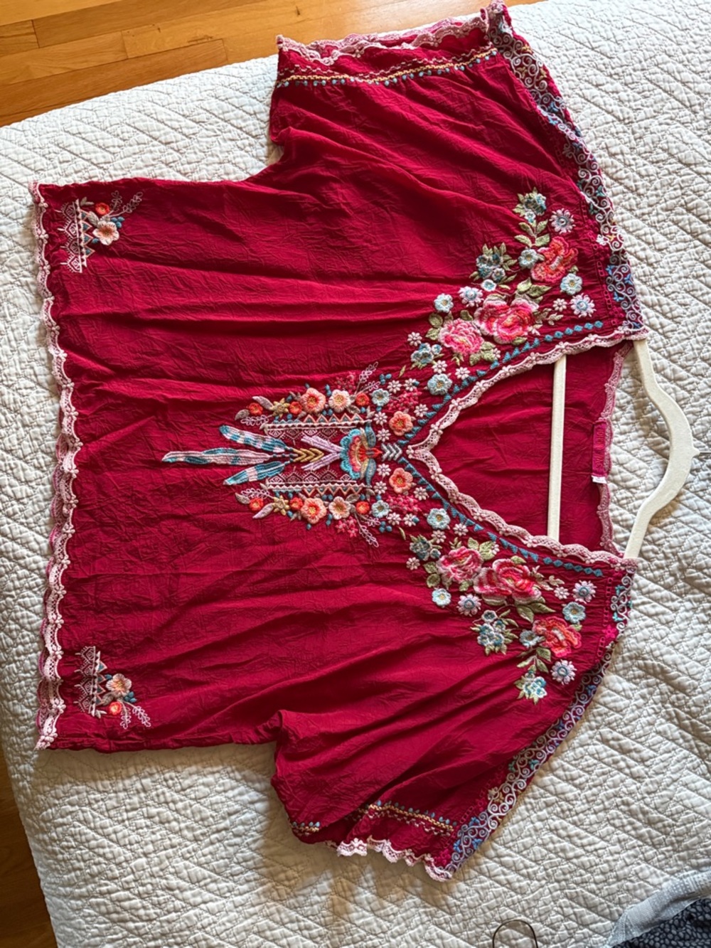 Johnny Was Raspberry Embroidered V-Neck Peasant Top